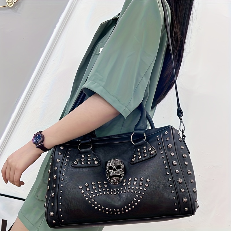 

Black Punk Skull & Rivets Decor Boston Shoulder Bag, Y2k Steampunk Style Handbag