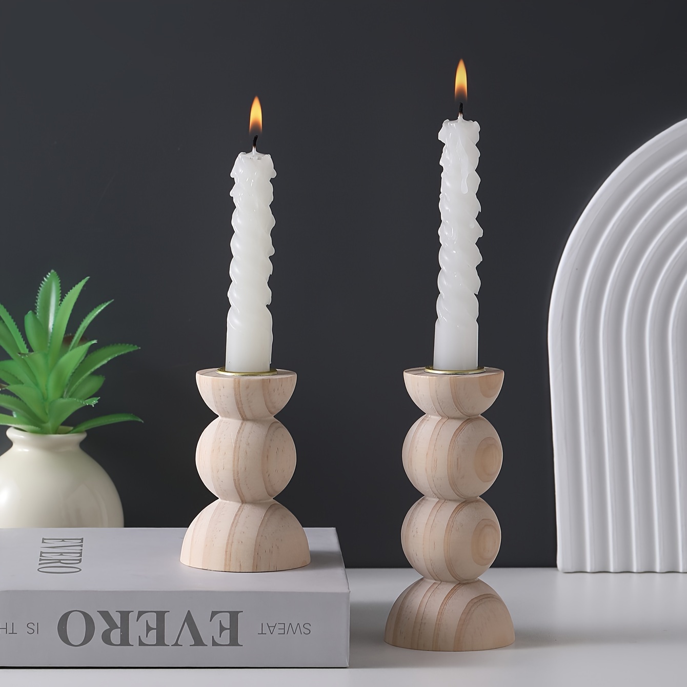 TEMU 1 Pair Nordic Creative Round Spiral Wooden Candlesticks, Unique Shape, Candlelight Dinner Photo Prop, Wedding Anniversary Birthday Date