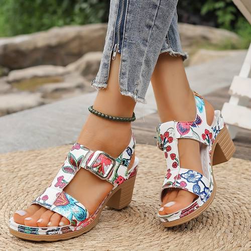 womens summer sandals with floral pattern closure platform soft chunky heels holiday shoes