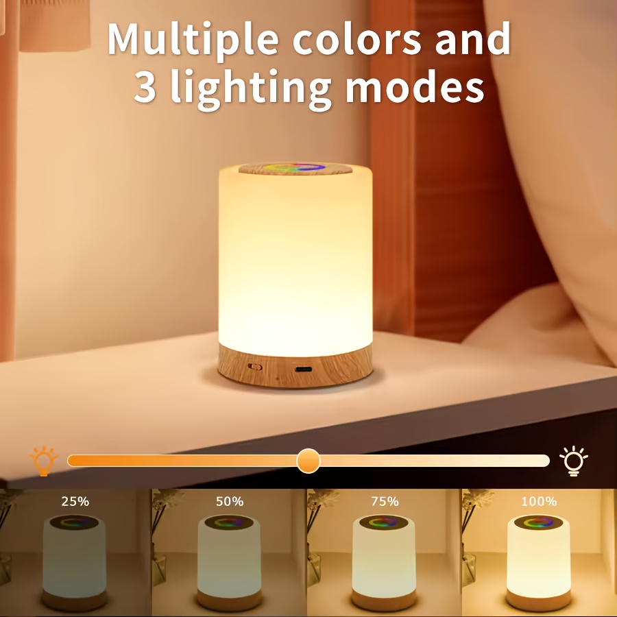 1pc/2pcs Bedside Lamp, Touch Night Lamp, Wood Grain Color Table Lamp, 3 Lighting Mode, 5 Brightness Level, RGB Ambient Lamp, Soft Light Reading Table Lamp, 1500mAh Battery, TPY-C Charging Use, Portable Lamp, Suitable for Bedroom, Living Room