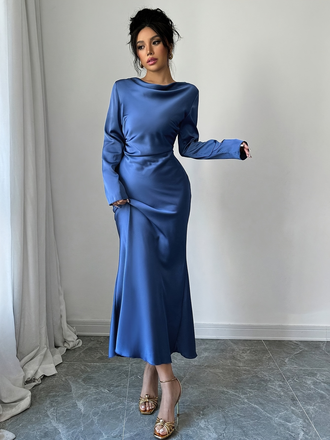 long sleeve blue backless dress Northern Lights Long Sleeve Open Back Satin Mini Dress Blue– Selfie Leslie main image 1