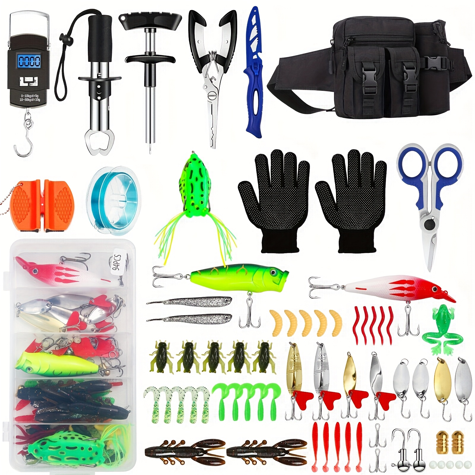 TEMU Fishing Tool Kit - 112pcs Fishing Gear & Equipment, Fish Pliers, Hook Remover, Scale, Scissors, Lip Gripper, Lures