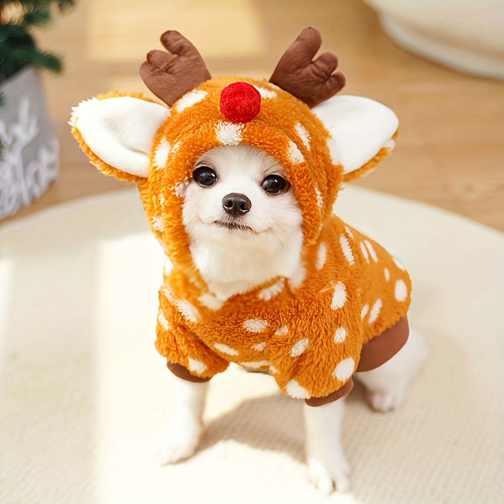 

1pc Pet Christmas Costume, Comfortable Fleece Lined Reindeer Dog Hoodie, Holiday Pet Clothing For Small Medium Dogs