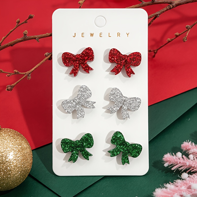 TEMU 3 Pairs Christmas Cartoon Bling Bling Sequined Red Bow Earrings, Christmas Party Cute Red Green White Bow Earring Set Christmas Gift, Women's