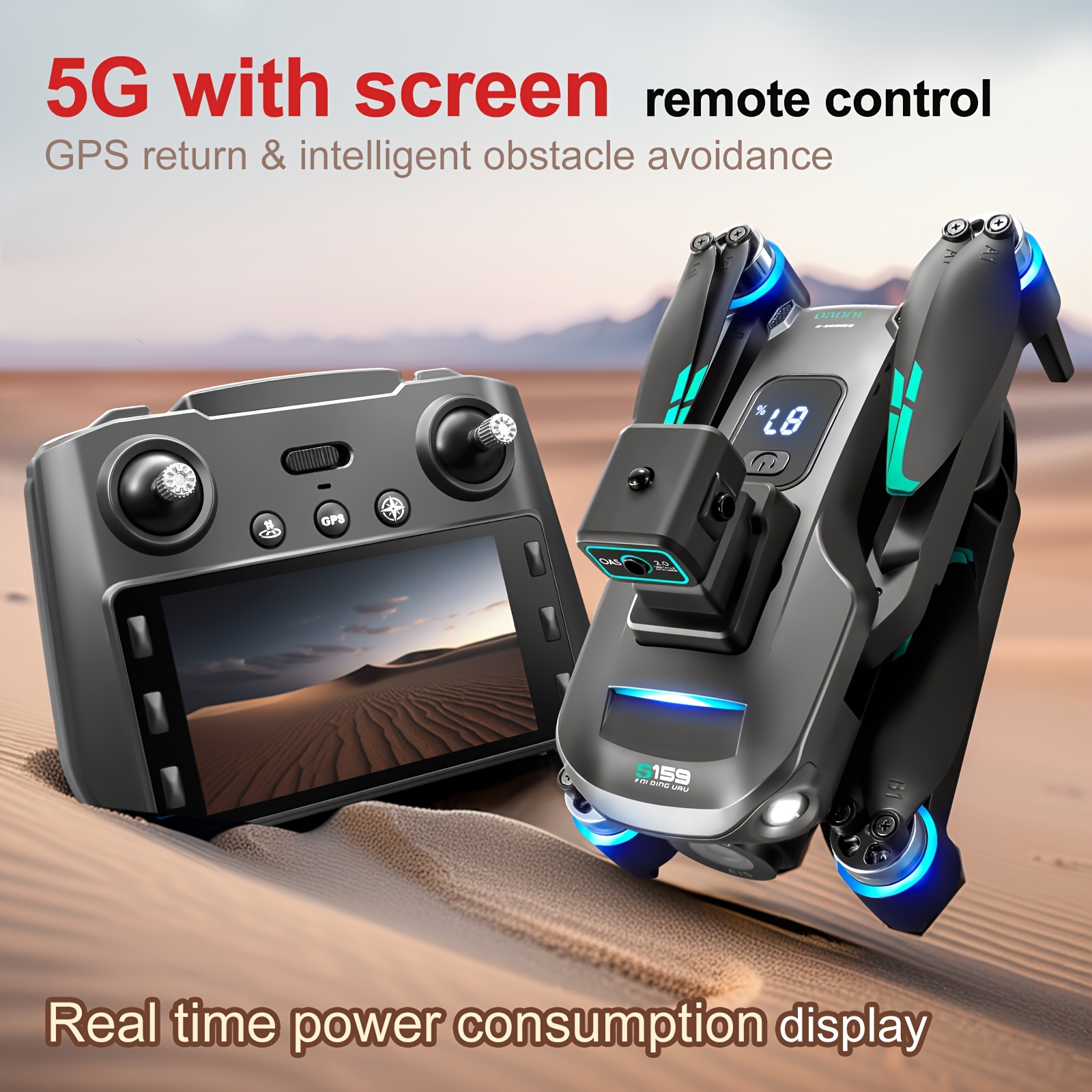 Drone S159 Smart GPS z Podwójnymi Kamerami HD, Optyczny Przepływ, Inteligentne Unikanie Przeszkód, Powrót/Obrot do Punktu Startu Jednym Przyciskiem, Fotografia Lotnicza, Transmisja WIFI w Czasie Rzeczywistym, Tryb Bezorientacyjny, Składany i Przenośny, Dron z Ekranem,Wysokiej Jakości Dron,Dron z pilotem zdalnego sterowania i ekranem,Dron Długodystansowy,Mini Dron,Mini Dron, Latanie Dronem,Kompaktowy Dron,Lekki Dron,Stabilny Lot,Trwała Konstrukcja,Hobbyści Fotografii,