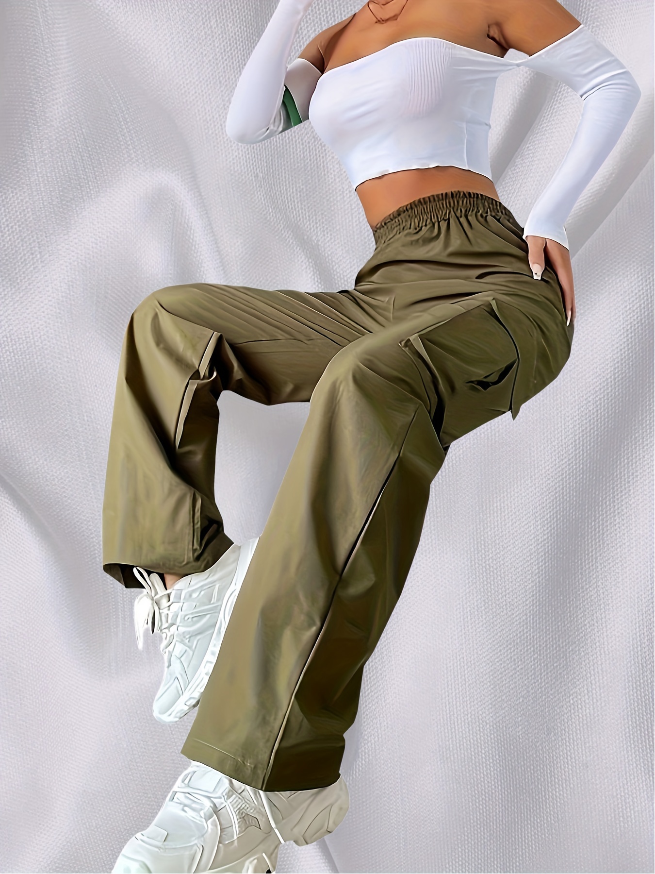 Plain Elastic Waist Cargo Pants Flap Pockets Loose Fit High Temu