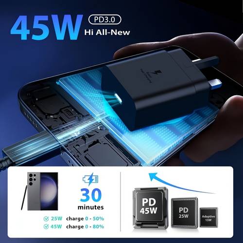 45w super fast charger for samsung s25 ultra s24 ultra s23 ultra s22 ultra s21 ultra s25 s24 s23 tab s10 s9 s8 usb type c cable 5a british specification plug 100 24