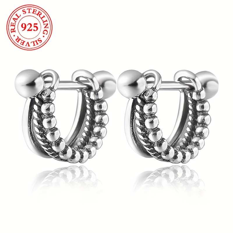 

925 Sterling Silver Vintage Twisted Rope And Bead Stud Earrings, Elegant Fashionable Versatile Ladies' Jewelry, Weight 2.3g/0.081oz, Classic Style