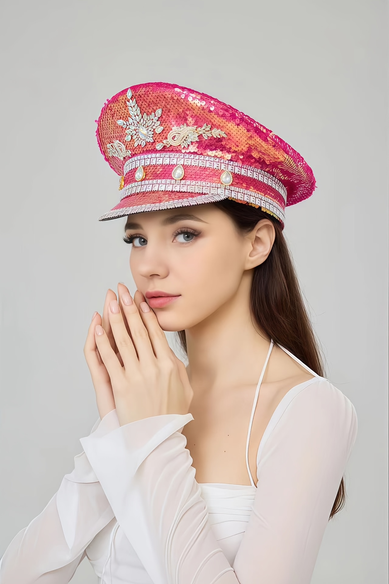 festival bling pink captain hat sparkling glitter Temu