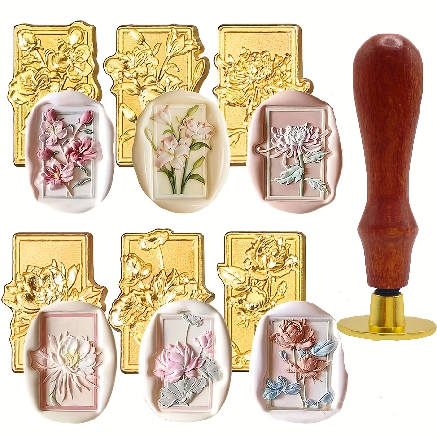 TEMU 7pcs Floral Wax Seal Stamp -1pc Retro Wooden Handle + 6 Flower Heads For Wedding Birthday Invitation Gift Decoration