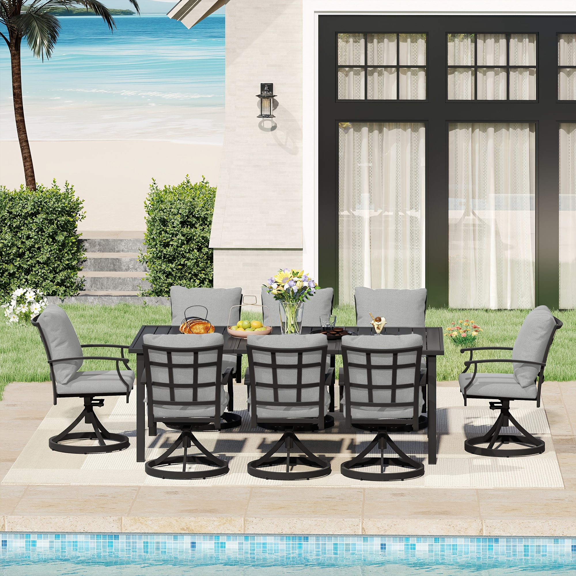 9pcs Outdoor Dining Set - Patio Dining Set for 8. Includes 1 Rectangular Table, 8 Dining Chairs with Cushions, for Lawn, Garden
