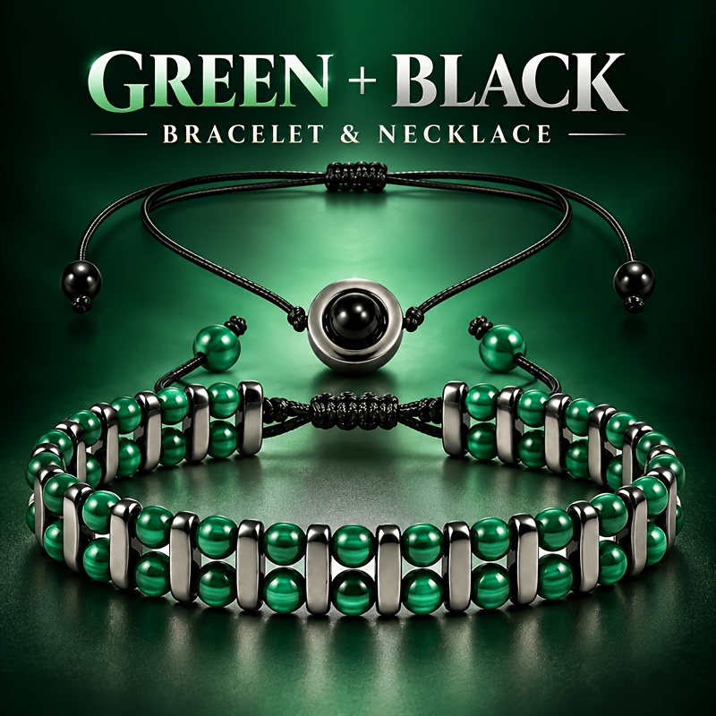 2pc Natural Obsidian Jewelry Set, Adjustable Necklace & Bead Bracelet