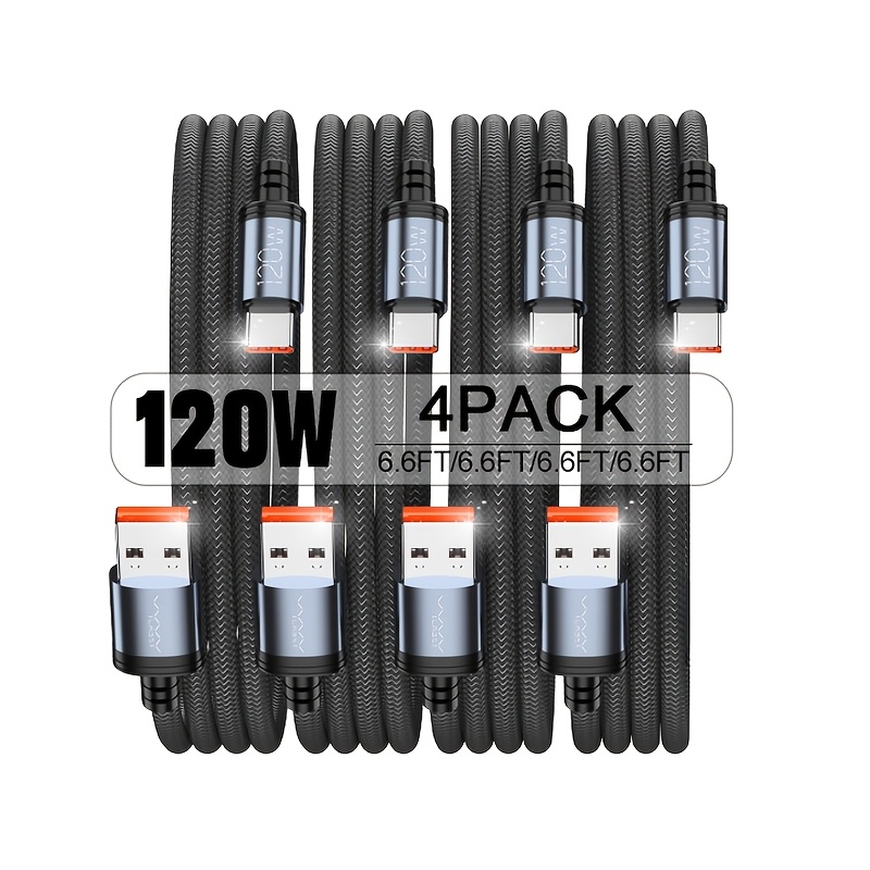 TEMU Câble de charge rapide USB C 120W 4 pièces, [4 pièces 2m/6,6 pi] [4 pièces 1m/3,3 pi] Câble de charge rapide USB vers C, pour câble de charge et