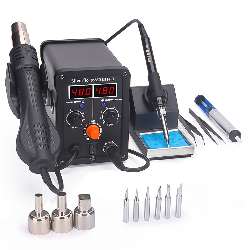8586d Hot Air Soldering Iron Kit 2-in-1 For Rework, Desoldering With 6 Soldering Tips, 3 Hot Air Nozzles, Tweezers, Desoldering Pump