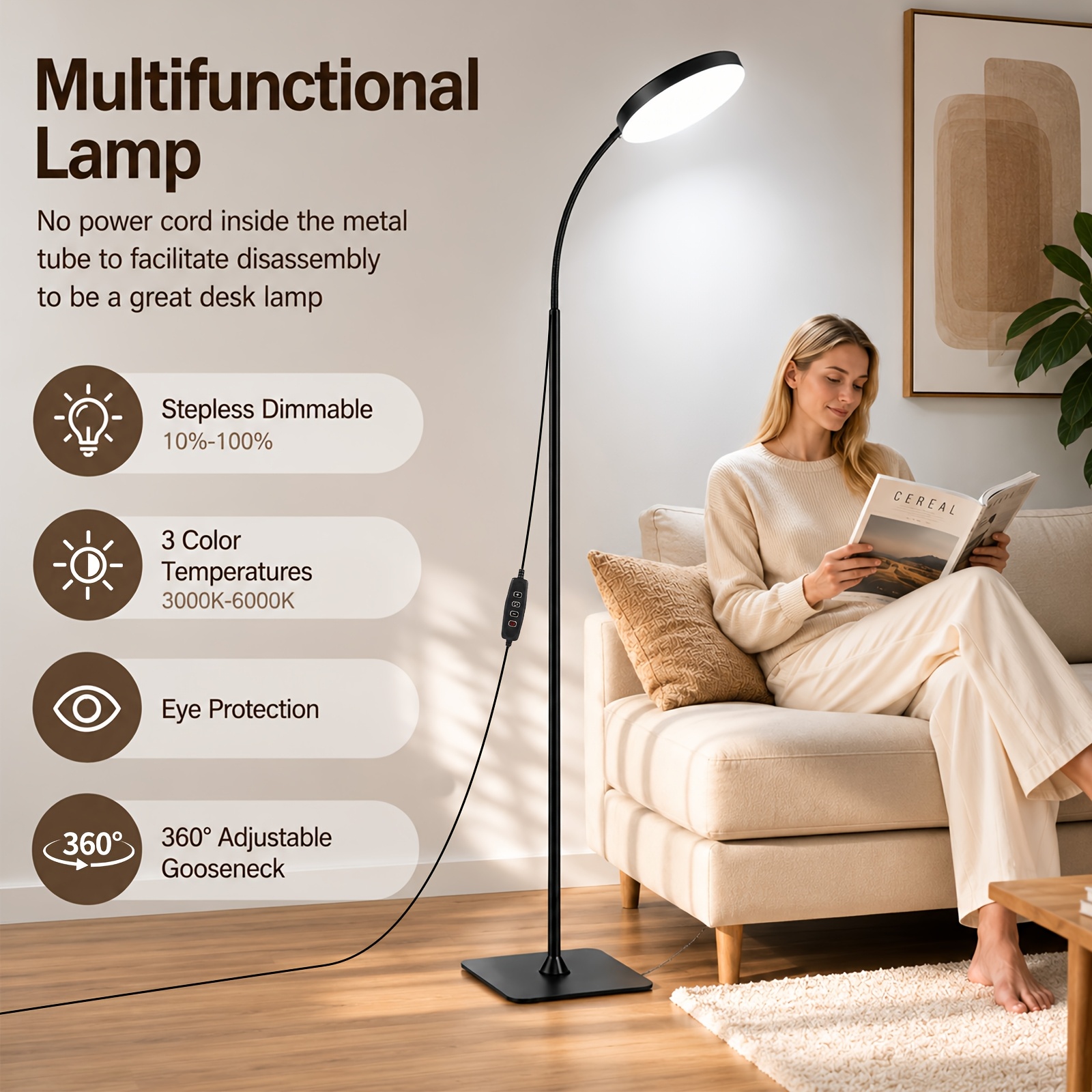 TEMU Floor Lamp, Led Floor Lamps For Living Room, Adjustable Color Temperatures And Brightness Standing Lamp With Touch Control Tall Lamps Adjustable