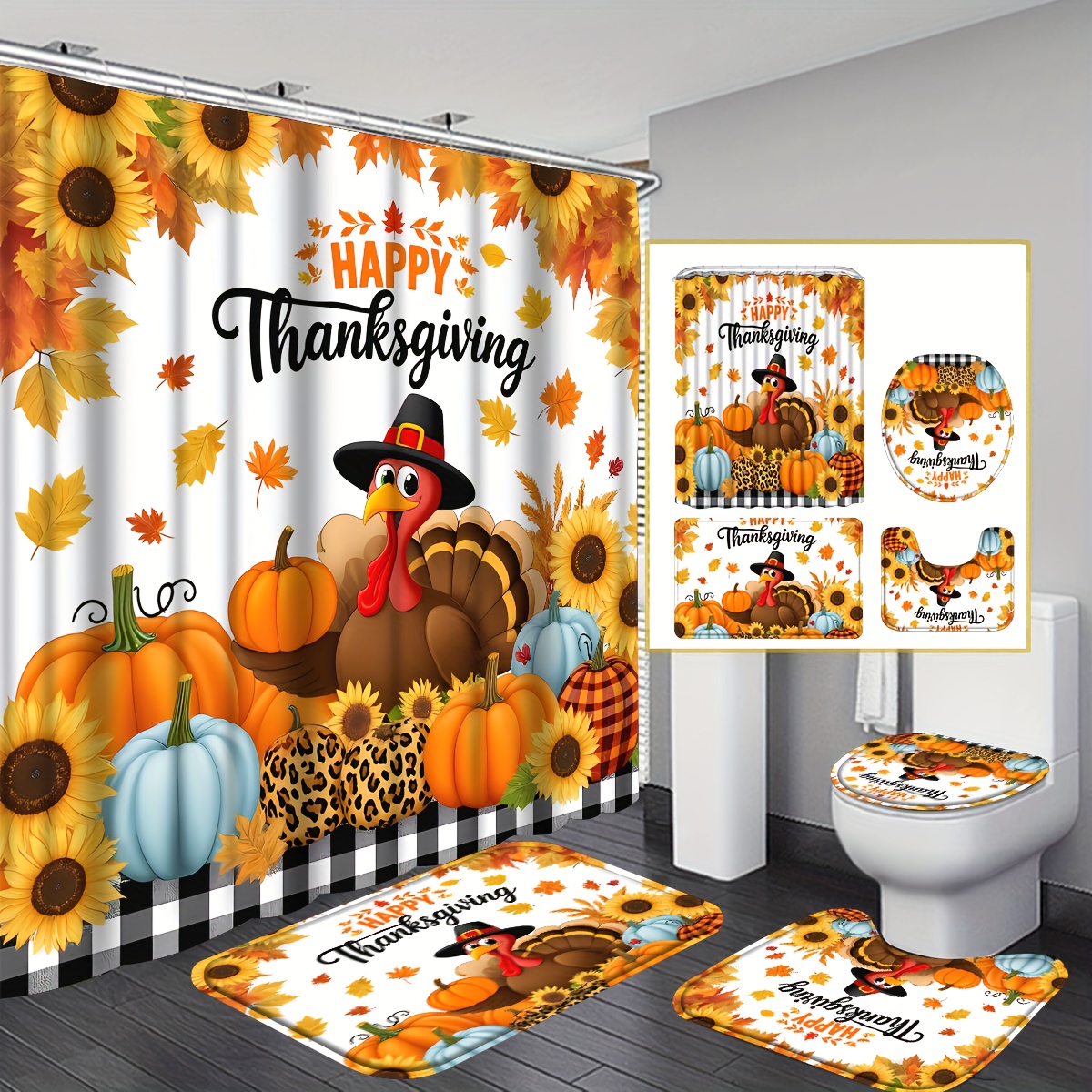 TEMU 4pcs Thanksgiving Turkey Shower Curtain, Farmhouse Pumpkin Sunflower High Quality Shower Curtain Bathroom Sets Full Set With 12 Hooks, Bath Mat,