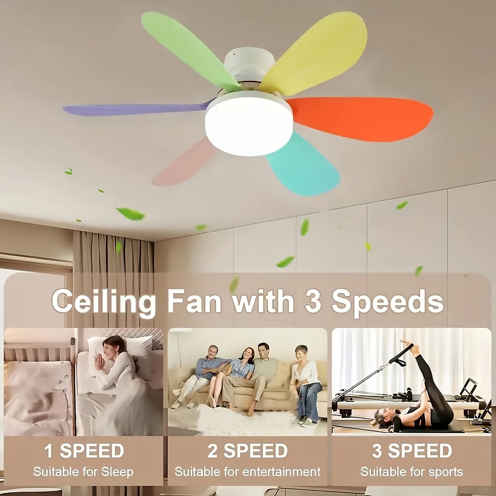 Ventilador de Techo con Luz y Control Remoto, Iluminación LED con Ventilador, 3 Velocidades de Flujo de Aire Silencioso y 3 Temperaturas de Color (3000K-4500K-6500K), Instalación Sin Herramientas + Temporizador, Ventilador de 6 Aspas E26/E27, Ideal para Dormitorio, Sala, Cocina, Garaje, Tiendas y