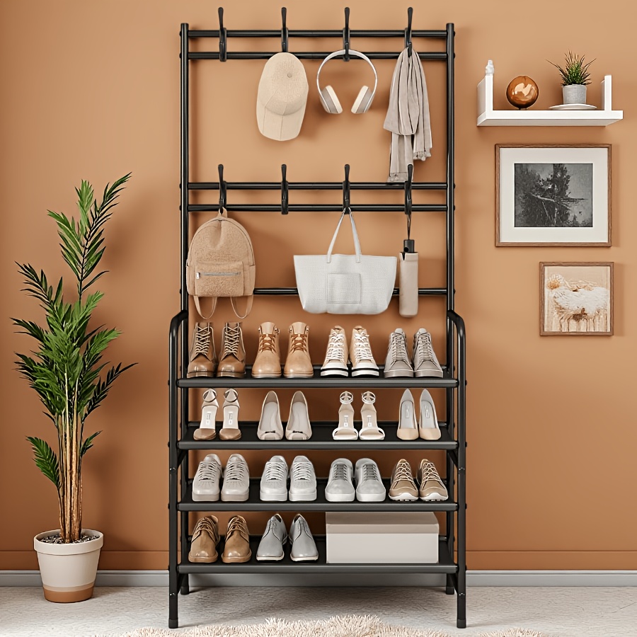 Image of 4-tier Coat And Shoe Rack, Entryway Coat Rack With 8 Hooks, Double Row Shoes Organizer For Living Room, Bedroom, Office, Black