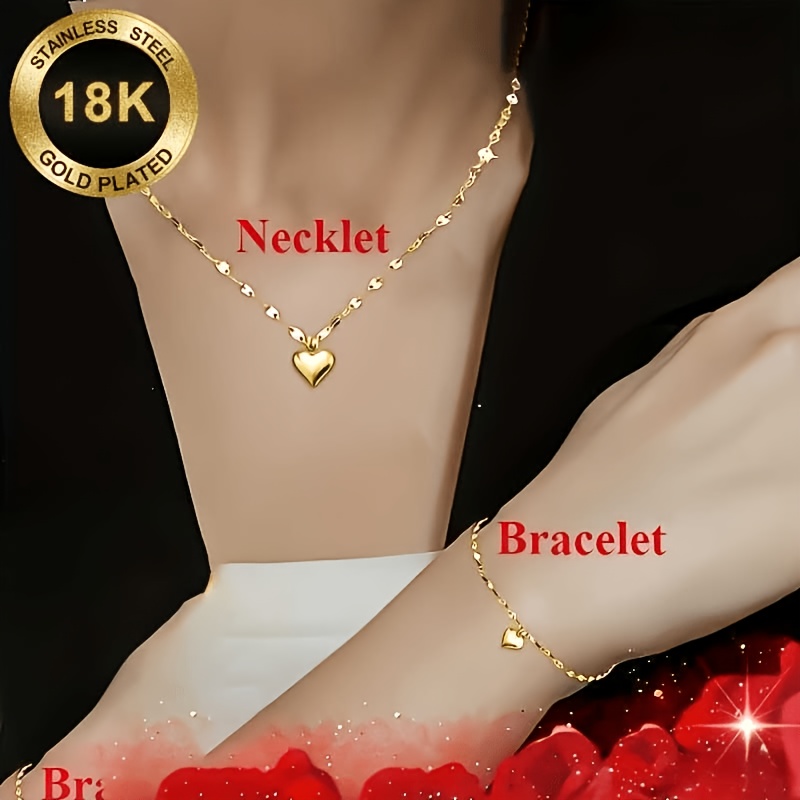TEMU 2pcs Set - 18k Golden-plated Bracelet And Necklace Set, Versatile And High-end Jewelry Valentine's Day And Christmas Gifts