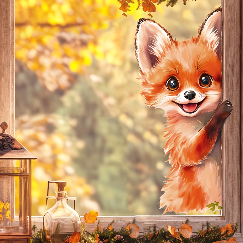 Fall Cute Fox Window Sticker, Static Electricity Type Detachable Glass Sticker, Thanksgiving Gift, Thanksgiving Decoration, Beautiful Sticker