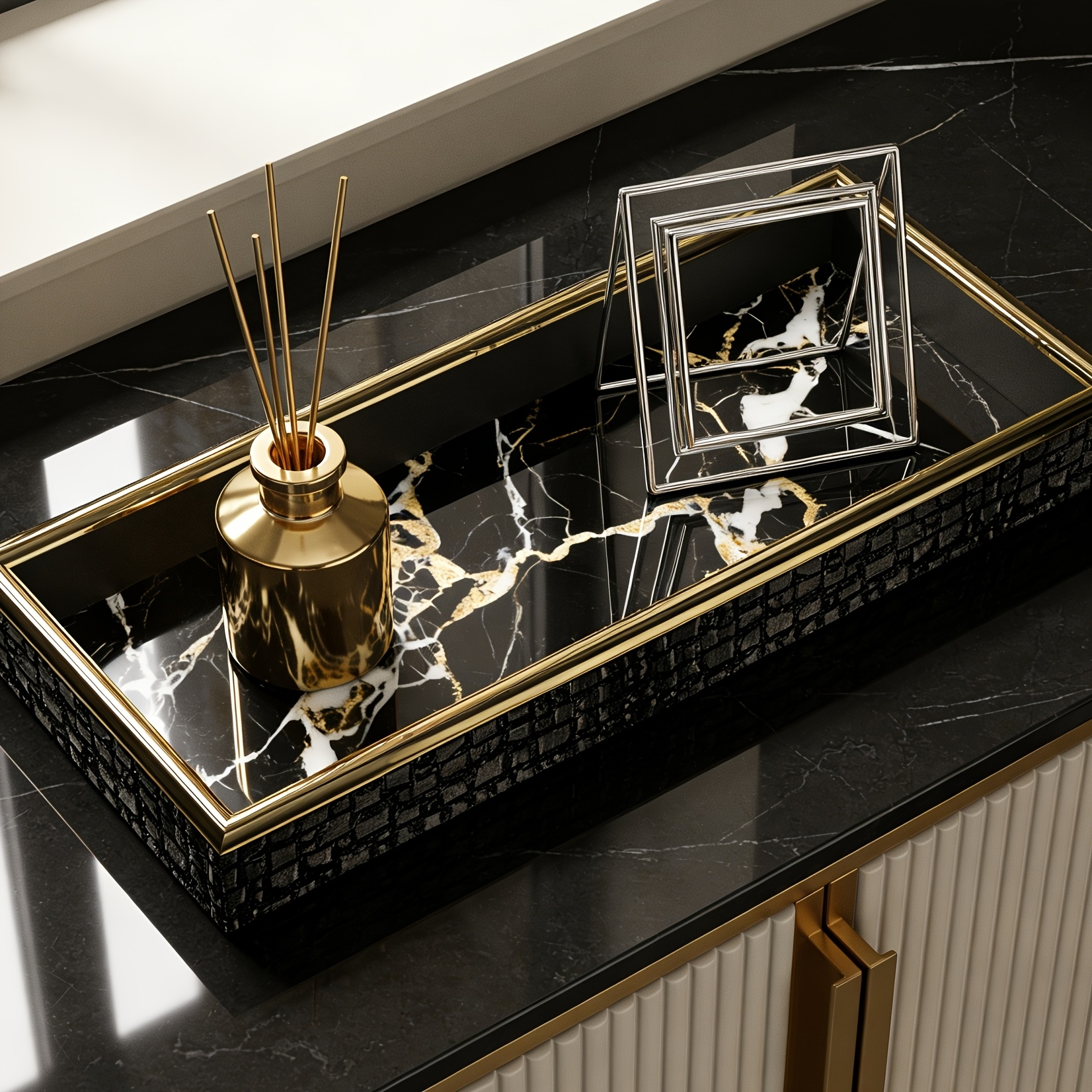 Black And Pattern Decorative Tray, Living Room Coffee Table Aromatherapy Storage Tray, Hotel Model Room Soft Decoration Ornaments, High-end Frame Rectangular Tray