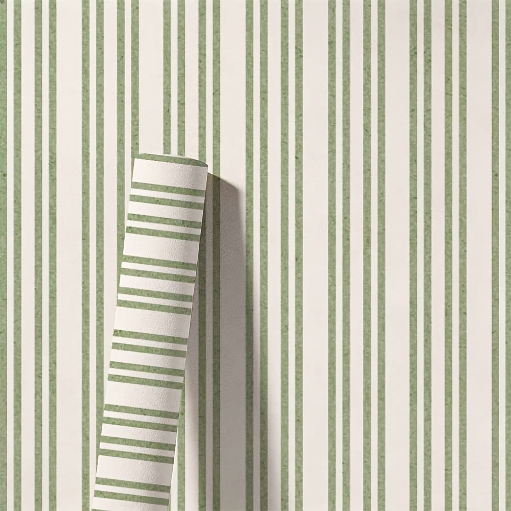TEMU 1 Roll Of 0.24mm Thick White-based Light Green Vertical Stripe Wallpaper, Simple And , Peel-and-stick - Removable - Suitable For Living Room,