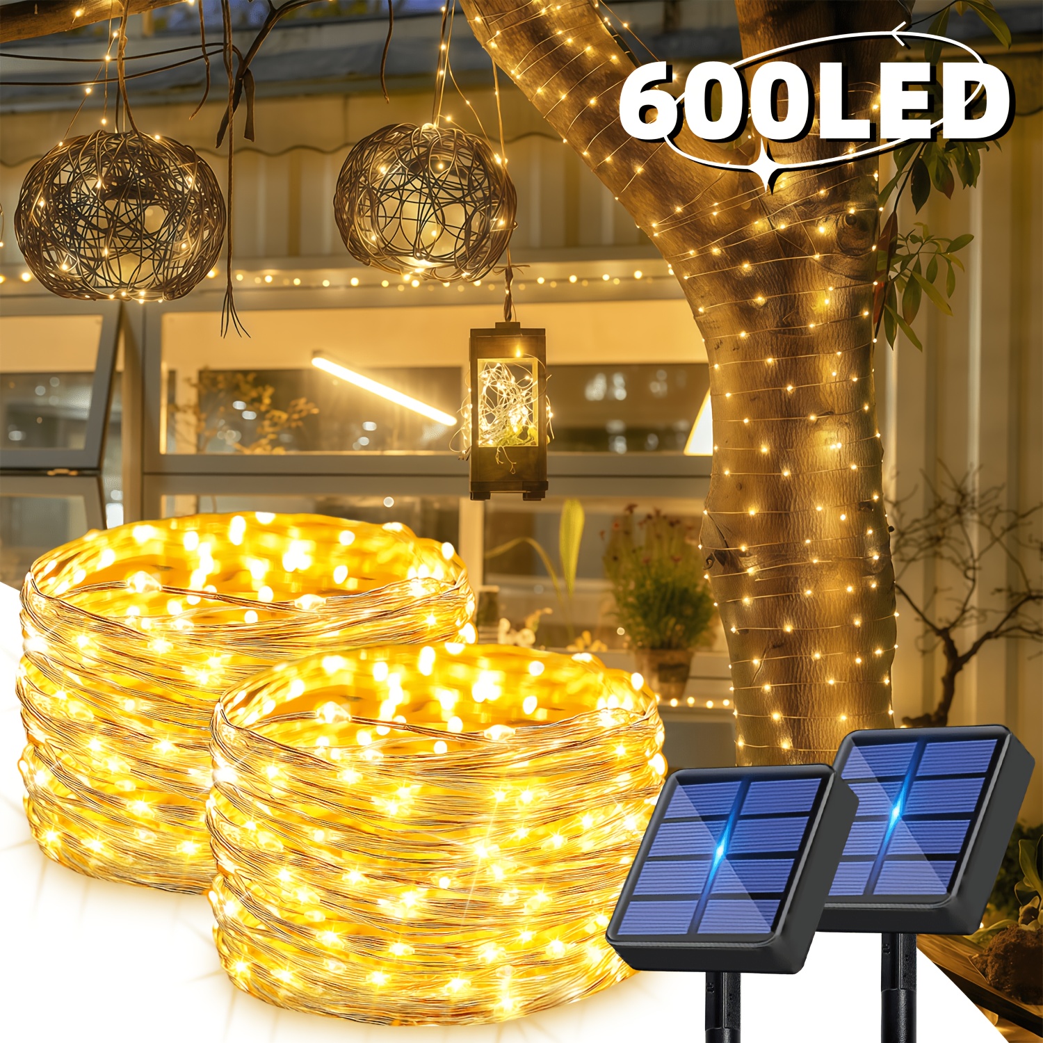TEMU 2 Pezzi di Luci Solari da Esterno a Stringa, 32M/300 LED Luci Solari Twinkling per Patio, 8 Modalit� di Luci Fatate da Giardino in Caldo. per ,