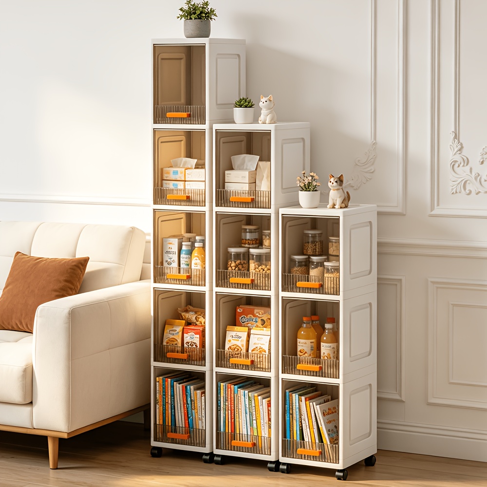 TEMU 3/4/5 Tiers Narrow- Storage Rack, Rolling Slim Storage Cabinet With 360-degree Wheels, Flip Clear Door Narrow Plastic Storage Organizer Cart,