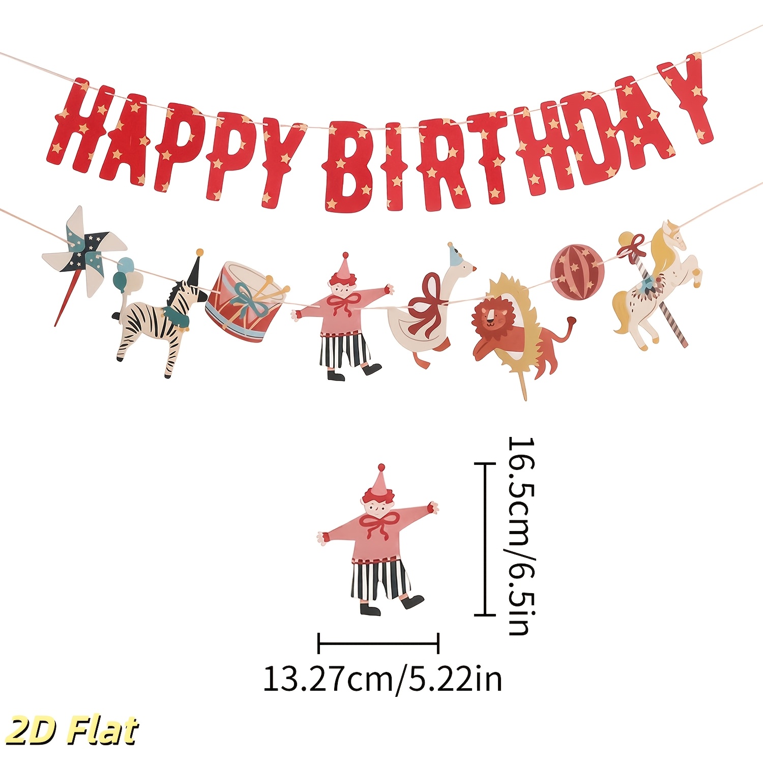 TEMU 2d Flat, Circus Birthday Banner, 1pc, 2d Printed Happy Birthday Letters With Pinwheel Zebra Drum Clown Duck Lion Balloon Carousel Pattern, Party