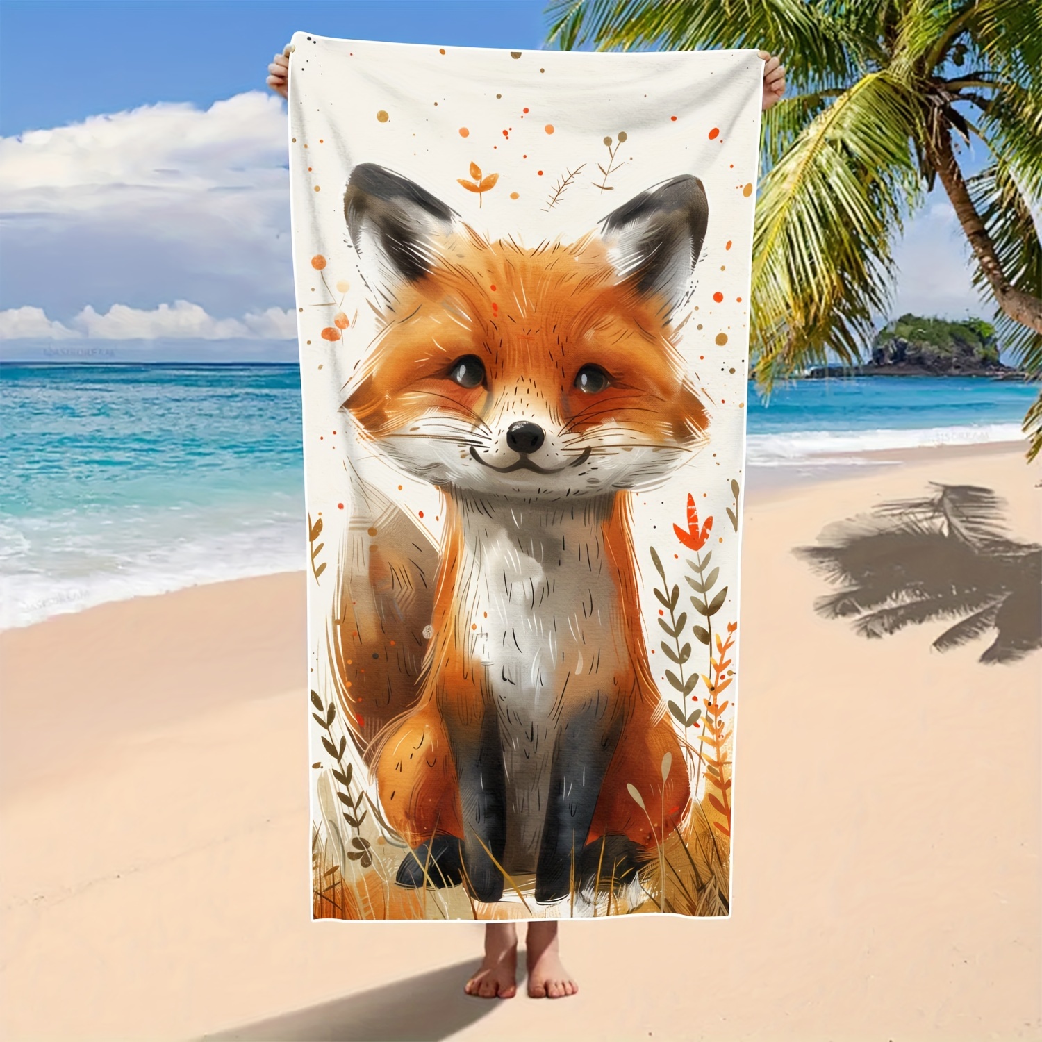 

1pc Stylish Fox Cartoon Microfiber Beach Towel, Quick-drying Absorbent, Lightweight & Soft Large Beach Blanket For Swimming, Travel, Yoga, Outdoor Vacation Essentials - Machine Washable