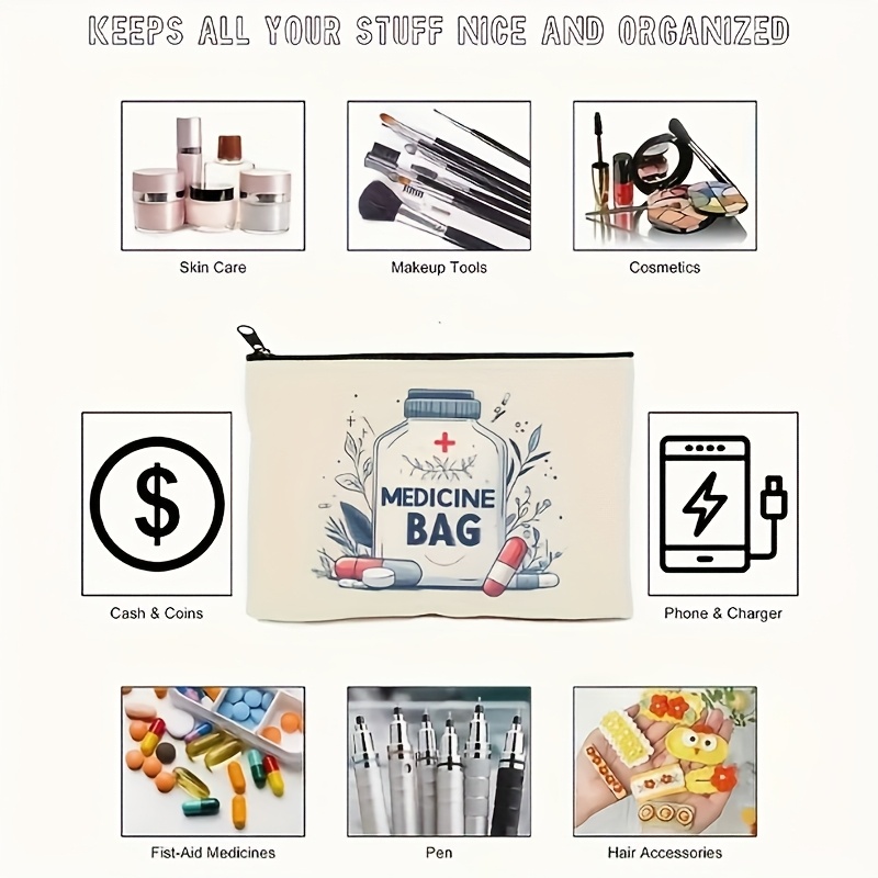 1pc Medicine Bag Travel Pouch - Lightweight, Foldable Cosmetic Organizer with Zipper Closure, Hand Washable, White with Herbal Design, Ideal for Medication and Toiletries Storage, Toiletry Travel Bag