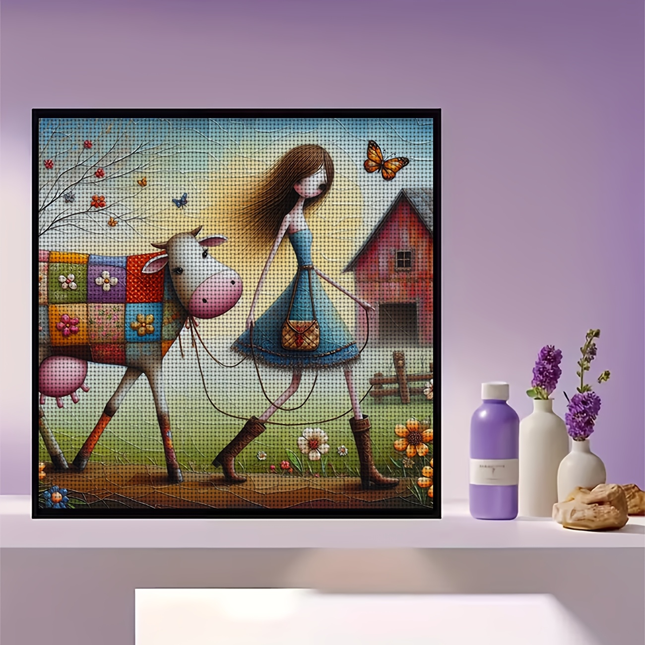 DIY Cross-Stitch Printed Kit, Colorful Ox Strolling Through the Pasture