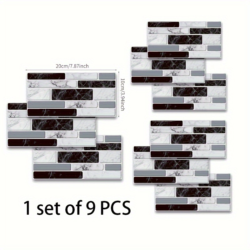 Image of 9pcs, peel-and-stick Backsplash Vinyl Wall Tiles, Waterproof, Oil-proof, Scratch-resistant Easy Apply Wall Decals For Kitchen, Bathroom, Bedroom, Living Room Decor