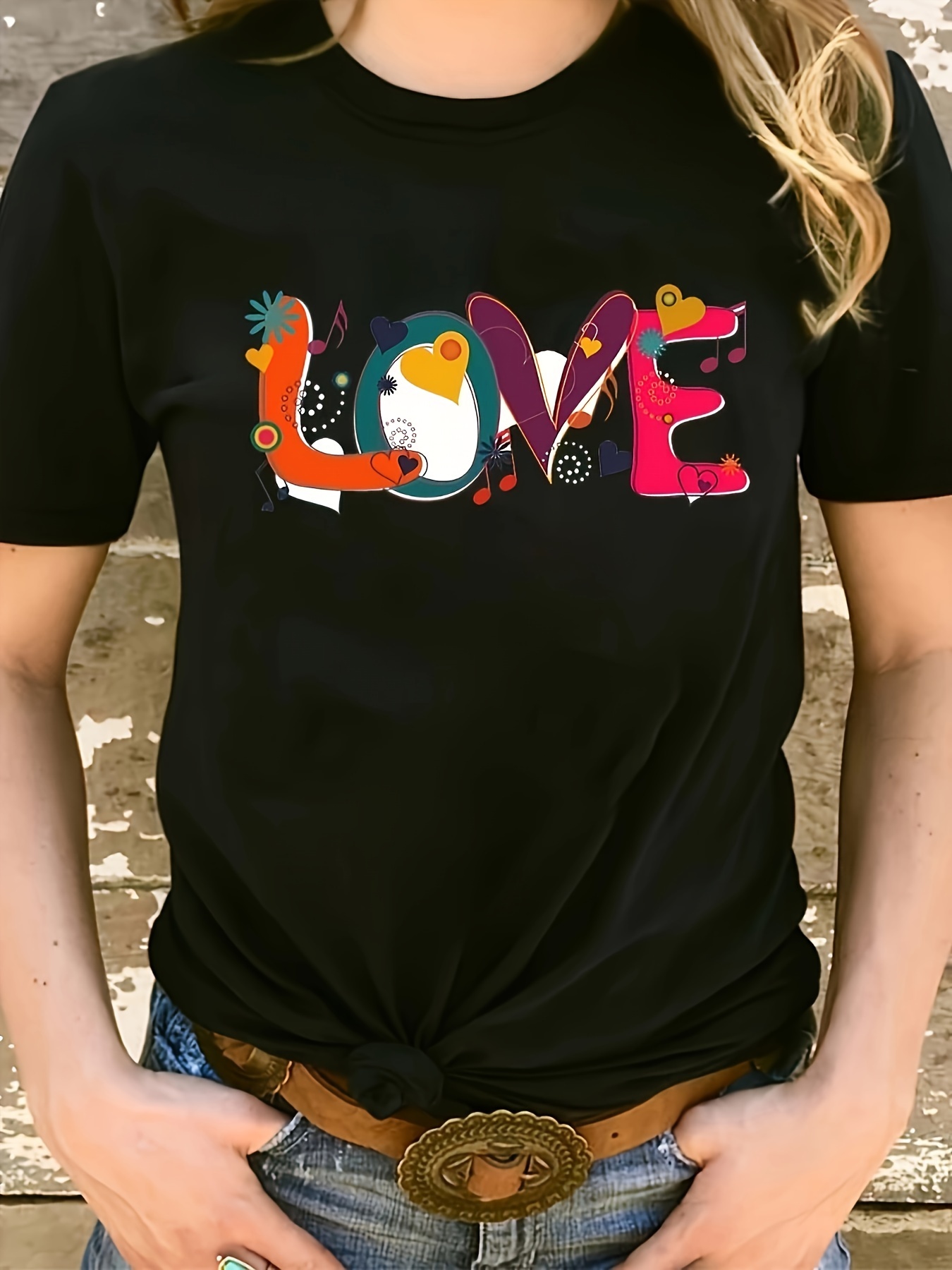 Plus Size Letter Love Print T Shirt Short Sleeve Crew Neck Temu South