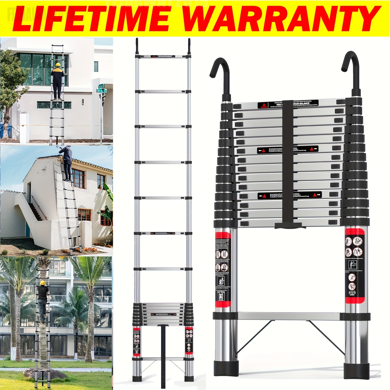 Image of 4.4m/14.5ft Telescopic Step Ladder Extendable Folding Ladder 14.5ft Foldable Telescopicing Ladder With Detachable Roof Hooks Portable Heavy Duty Extension Collapsible Ladders Rv Loft Workshop Caravans