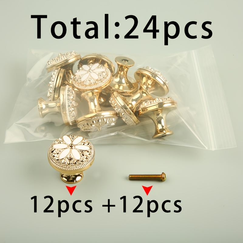 TEMU 12pcs 8013 White Veined Petal Handles And 12pcs 4x22 Handle Screws Total 24pcs, Glazed Floral Single Hole Round Knob, Wardrobe Dressing Table
