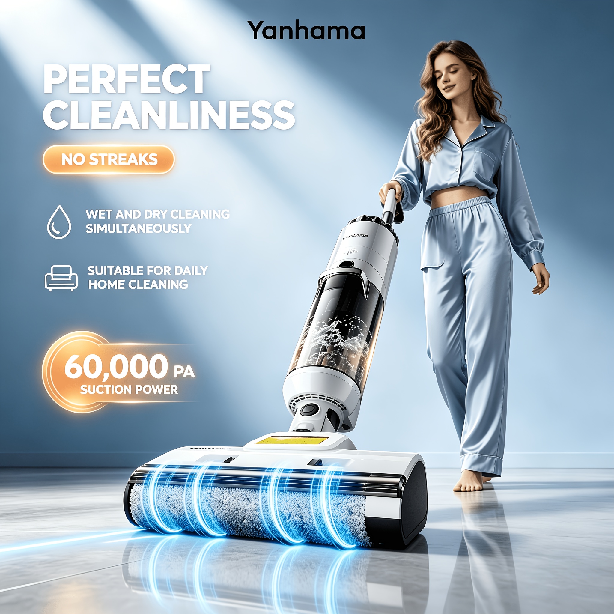 Yanhama 3-in-1 Cordless Wet Dry Vacuum Mop Combo 60kpa Suction Self-cleaning Hepa Filter Voice Reminder Edge Cleaning 80000rpm 170w Anti- For Pet Hair Carpet Hardwood