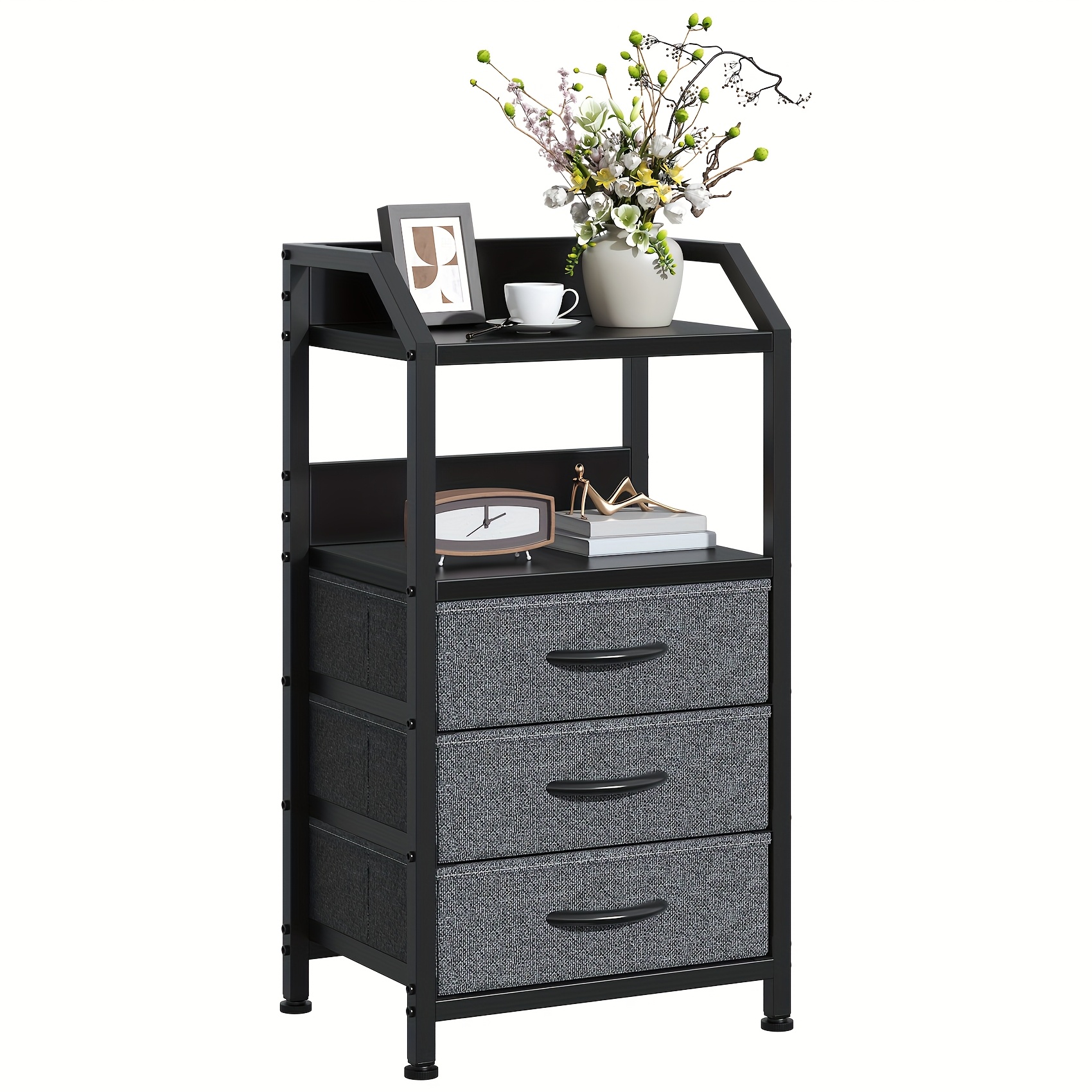 modern end table with 3 fabric drawers 2 open shelves metal frame bedside table light beige   27 height 3 2 cu ft storage easy assembly for bedroom living room bedroom nightstand contemporary design sturdy construction minimalist decor durable furniture small   minimalist lifestyle     materials apartment  