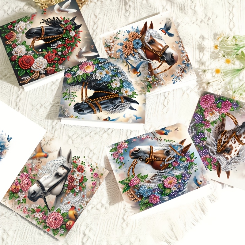 TEMU Cartes de vœux 2D, 6 pièces, uniques et sur le thème du cheval, design d'art diamant. Kit d'artisanat fait main avec carte de peinture ronde en
