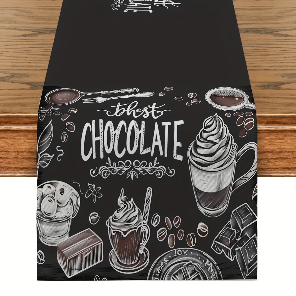 

1pc, Polyester Table Runner, Coffee & Chocolate Ice Cream Print Design, Elegant Tabletop Decor For Home & Dining, Room Decor