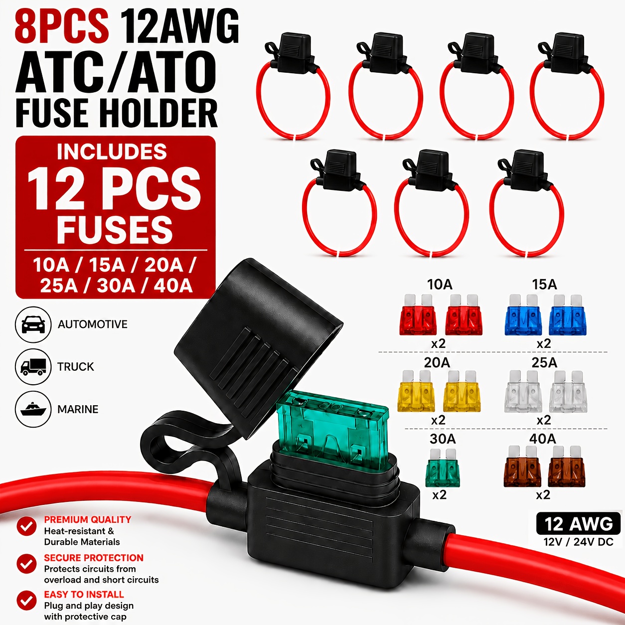 TEMU 8pcs 12awg Inline Atc/ato Blade Fuse Holder Set, Max 40a 12v/24v , Wire & Brass Contacts, Protective Cover Fuse Holder With Assorted
