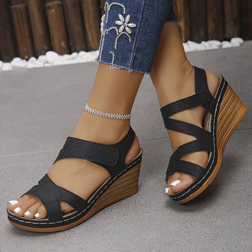 womens fashionable black wedge sandals with strap sole open toe adjustable strap sandals for summer casual footwear strap sandals synthetic sandals