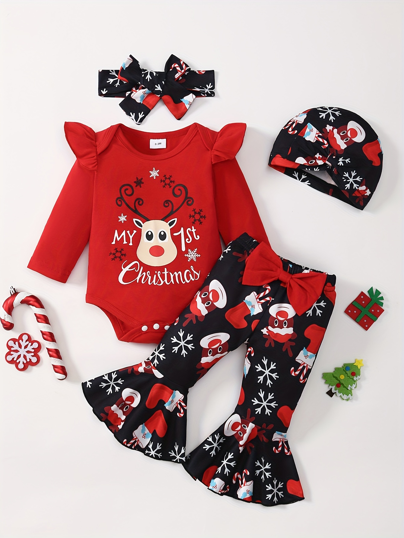 4-Delige Baby Meisje "Mijn Eerste Kerstmis" Gedrukte Lange Mouw Romper met Ruffles, Strik, Wijd Broek, Pet en Haarband Set, Feestelijke Kerstfeest Outfit