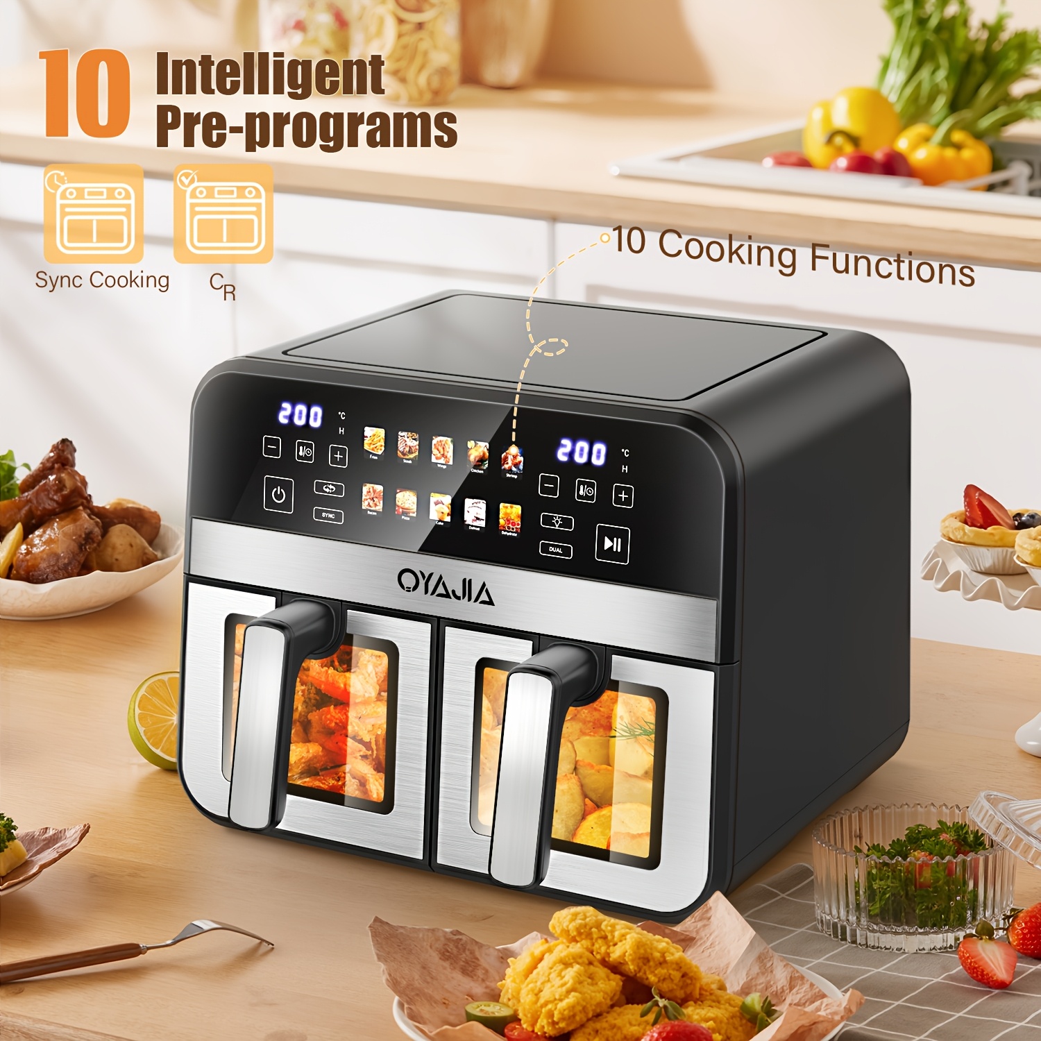 11l Air Fryer With Double Basket, For Large Capacity Kitchen Helper, 10 Programs, Sync 2 Dishes At Time, Suitable For Large Families, Screen, Window, Kitchen Cooking 1