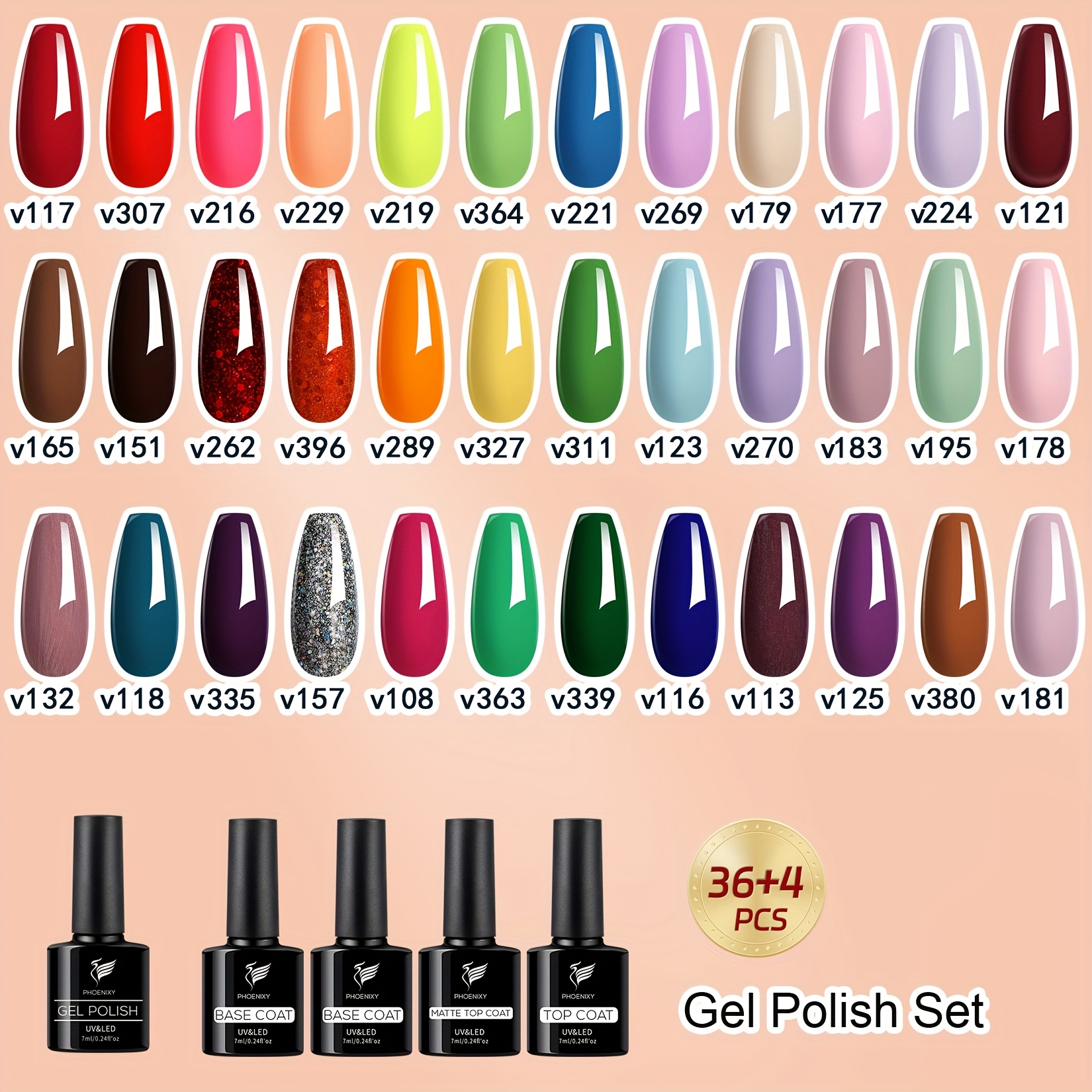 TEMU Phoenixy 40pcs Gel Nail Polish, Gel Nail Polish Set 36 Colors Red Green Glitter With 4pcs Gel Base Matte Glossy