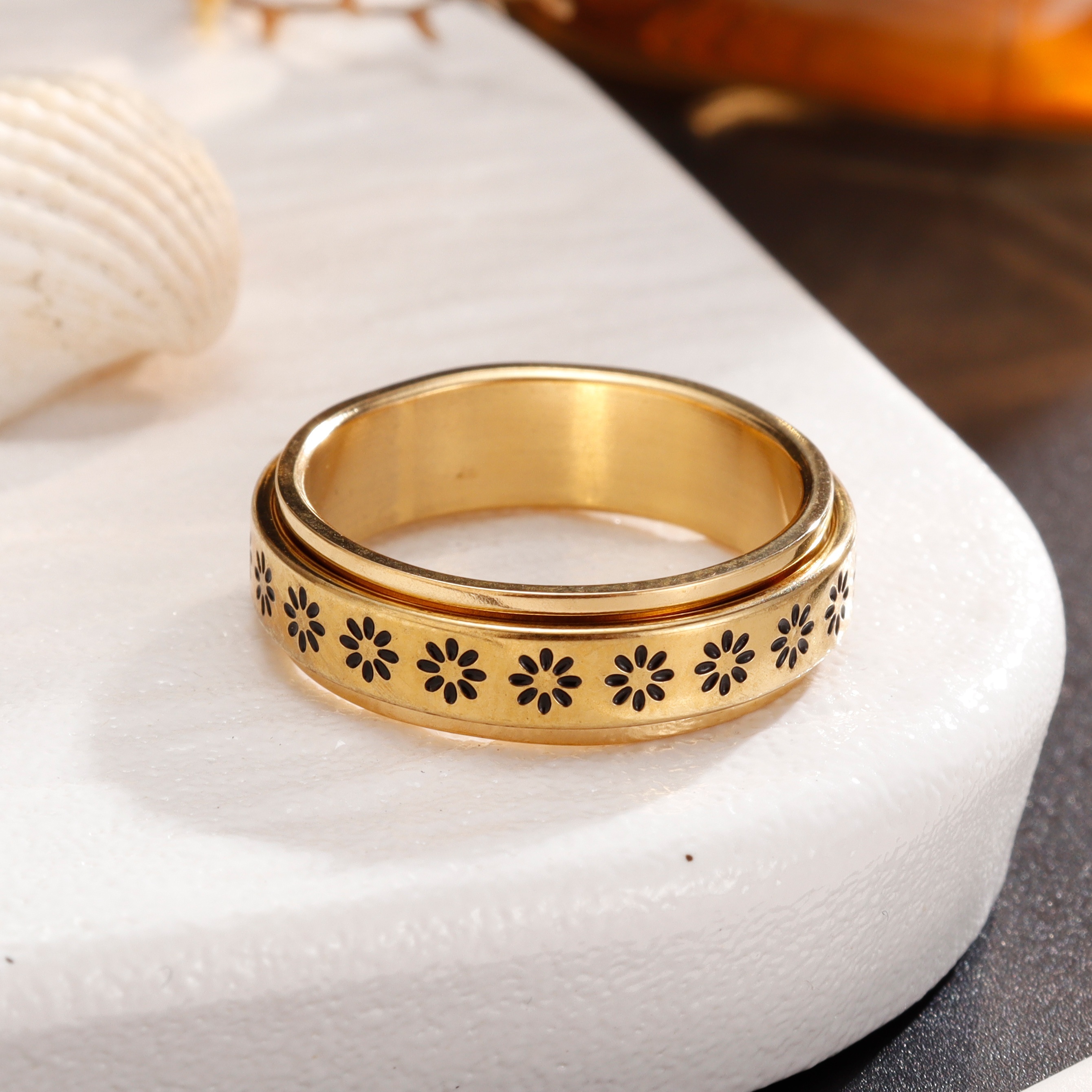 1 stylish womens ring elegant floral spinner ring stainless steel rotating jewelry for daily wear parties vacations birthdays meditation yoga anniversaries more Product details 3