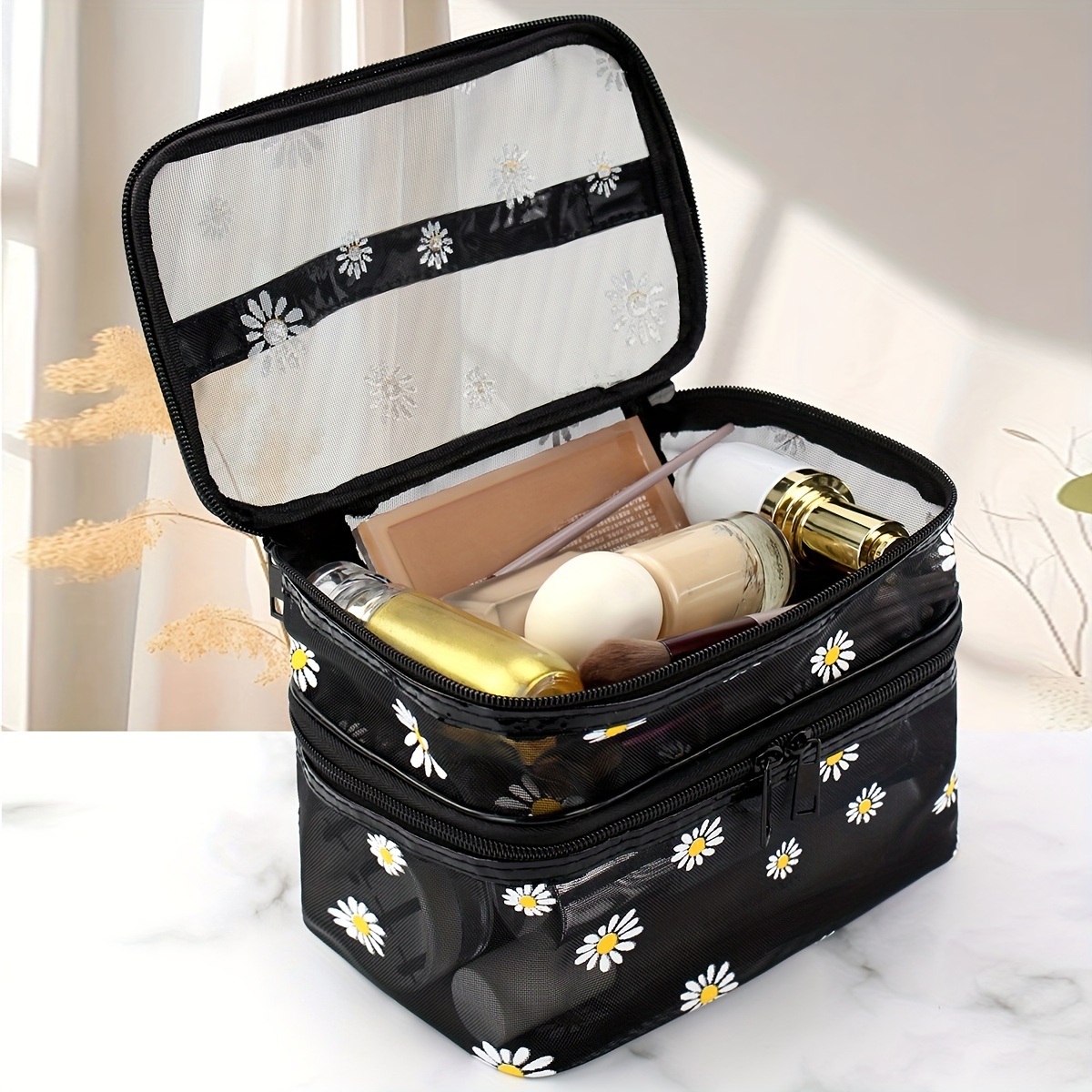 

Daisy Mesh Cosmetic Bag Large Capacity Convenient Travel Wash Bag Double Layer Make Up Supplies Storage Bag Makeup Bag