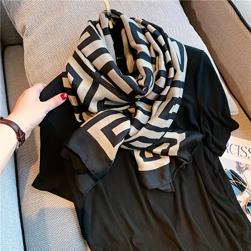 

Black Striped Pattern Scarf Thin Breathable Cotton Linen Feeling Shawl Elegant Style Sunscreen Travel Scarf For Women