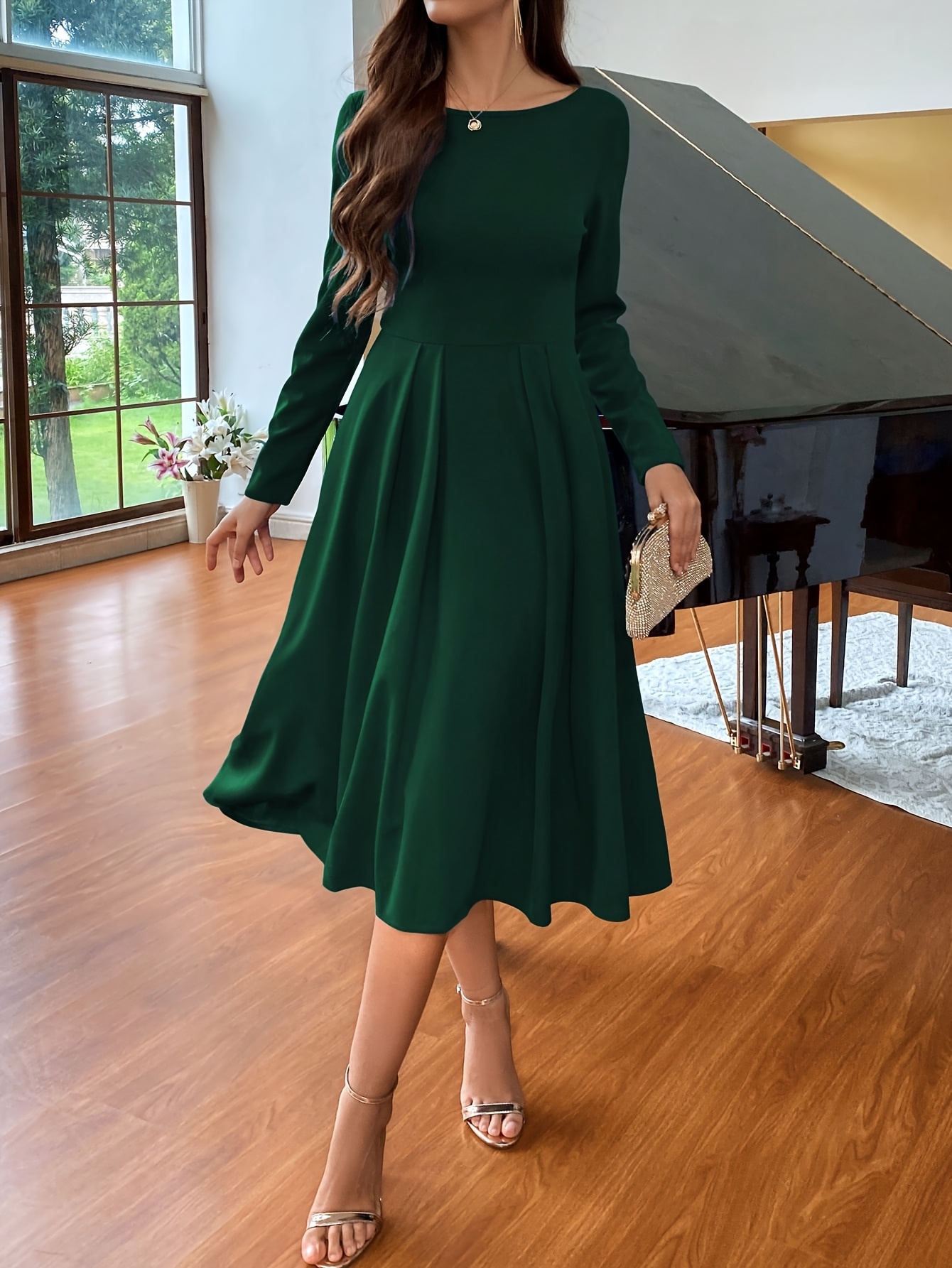 green emerald velvet dress Forest Green Modest Pleated Drape Square Neck Long Dress 16 main image 0