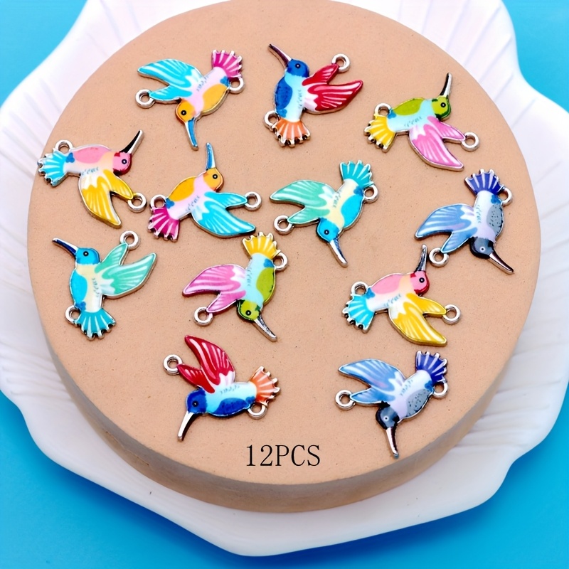 E-shop 12 Stück Kleinunternehmen Zubehör Zinklegierung Versilbert Emaillefarbe Kolibri Charm Blumen Vogel Anhänger Goldene Silberne Charms für